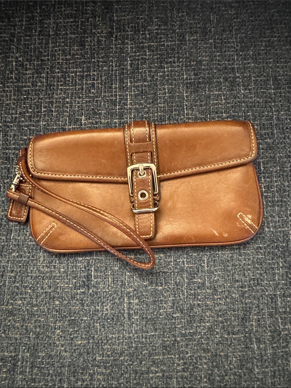 Coach Brown Leather Wristlet Clutch with Buckle Detail